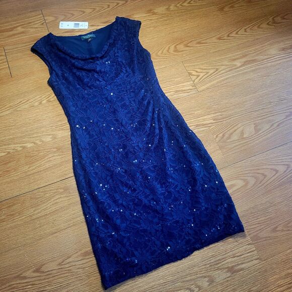 Ralph Lauren Women's Formal Dress Size 12 Navy Blue Sequins Cowl Neck New W Tags - Picture 7 of 16